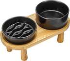Ceramic Slow Feeder and Water Bowl Set for Small Dogs, 0.6 Cups Dog Slow Feeder(14oz) and 30oz Water Bowl Set, 6in, Black