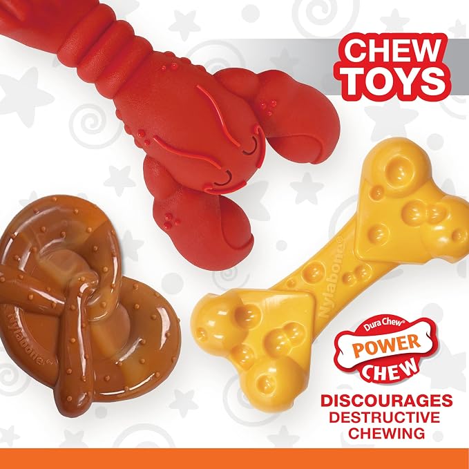 Nylabone Power Chew Lobster, Cheese, & Broccoli Dog Chew Toys, Small | 3 count, filet mignon, cheese, and bacon flavor, variety of shapes, durable chew toys, long lasting, for dogs up to 25 lbs