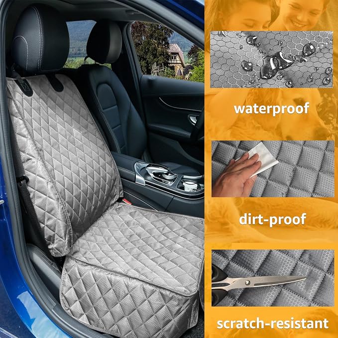 PETICON Waterproof Front Seat Car Cover 2 Pack, Full Protection | Dog Car Seat Cover with Side Flaps, Nonslip Scratchproof Captain Chair Seat Cover Fits for Cars, Trucks, SUVs, Jeep, Gray