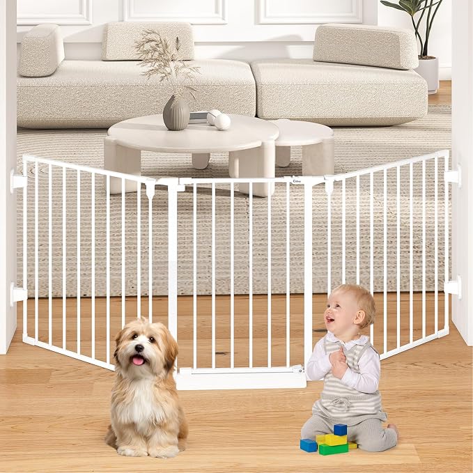 29.4-78" Extra Wide Baby Gate, Long Dog Gates Indoor for Stairs | Essential Large Gate for Child Toddler with Anti-Trip Pedal, Adjustable Pet Gate for Doorways, 28" Tall 3 Metal Panels White
