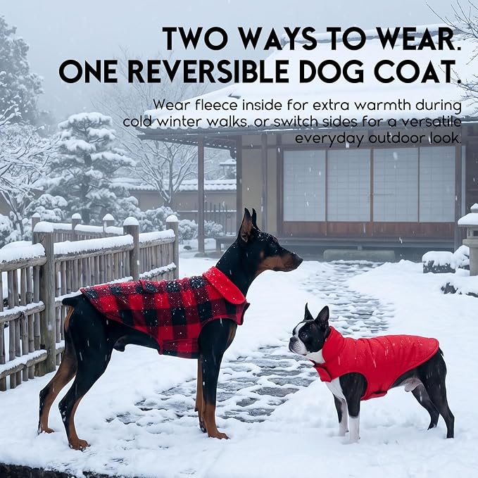 ASENKU Reversible Dog Winter Coat, Dog Jacket for Small Medium Large Dogs | Windproof Plaid Fleece Lining for Cold Weather, Water-resistant Outer Shell, Puppy Puffer Vest with Leash Hole, Red 3XL