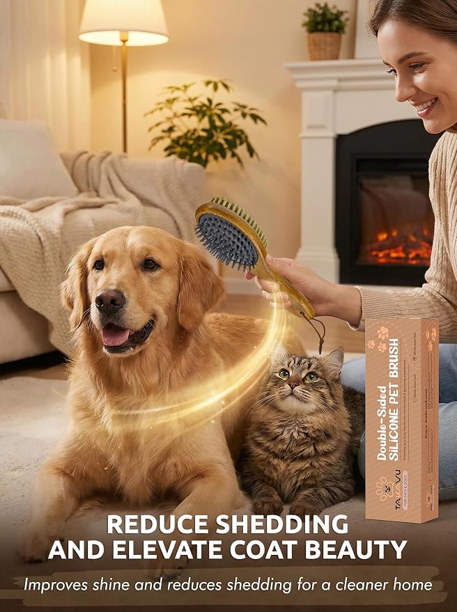 TAKAVU Short Hair Dog & Cat Deshedding Brush, Double-Sided Silicone Bristle | Grooming Brush for Pets, Gentle on Sensitive Skin, Wooden Handle, Reduces Shedding