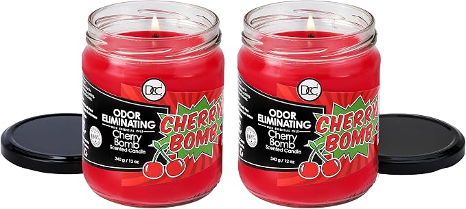 Cherry Bomb Two Pack Odor Eliminating Highly Fragranced Candle - Eliminates 95% of Pet, Smoke, Food, and Other Smells Quickly - Up to 80 Hour Burn time - 12 Ounce Premium Soy Blend