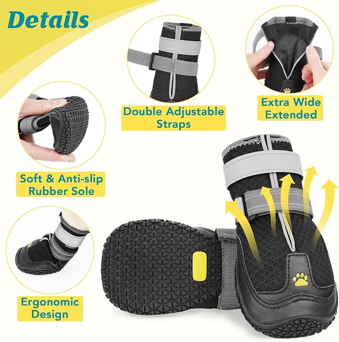 LUCKYPAW Dog Shoes for Large Medium Dogs, Dog Boots for Hot Pavement Size4 | Breathable Paw Protectors for Summer Walking Hiking Winter Snow Outdoor, No Slip Reflective Booties for Hardwood Floor
