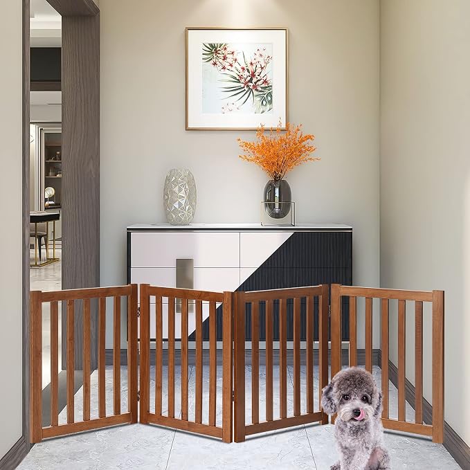 LZRS Wooden Free Standing Foldable Dog Gate Indoor – 80" W x 24" H, Extra Wide Step-Over Safety Pet Gate for Doorways, Stairs, Hallways, Large Spaces & Playpen for Puppies Indoor Use, Oak