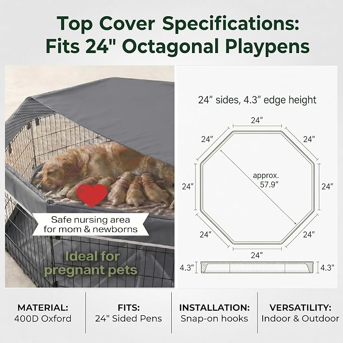 PJYuCien Puppy Playpen with Top Cover & Bottom Pad, 8 Panels 30" H, Gray | 24"W, Small Pet Safe Sanctuary, Foldable Octagonal Pen, Versatile, Indoor & Outdoor, Backyard Pasture, Protects Floors