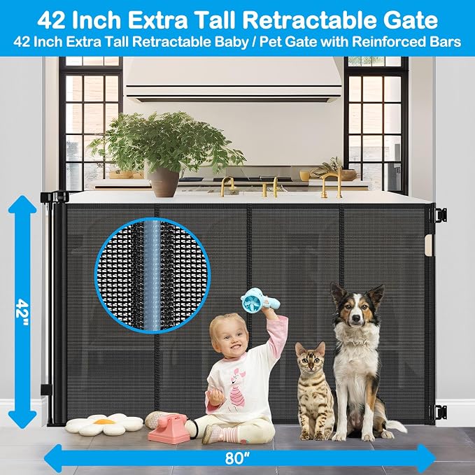 Reinforced 42" Tall X 80" Wide Retractable Dog Gate for Hallway Extra Tall Baby Gates for Dogs Indoor High Reinforced Bar Retractable Baby Gates for Doorways Extra Wide Pet Gate Outdoor, Black