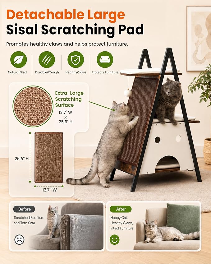 Modern Wood Cat Tree Tower for Indoor Cats Large Adult 67-in Tall | Heavy Duty XL Stable Wooden Cat Condo House Furniture with Multi-Level Spacious Perch Scratching Board Soft Washable Pads