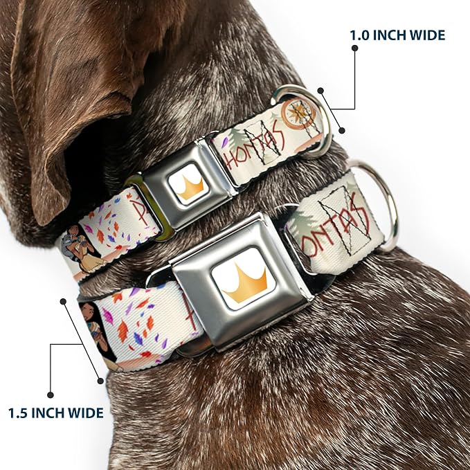 Dog Collar Seatbelt Buckle Pocahontas and Meeko Compass Pose with Script and Leaves Beige 15 to 24 Inches 1.0 Inch Wide | Pocahontas and Meeko Compass with Script and Leaves Beige Durable Metal Adjustable ID Tag Ring