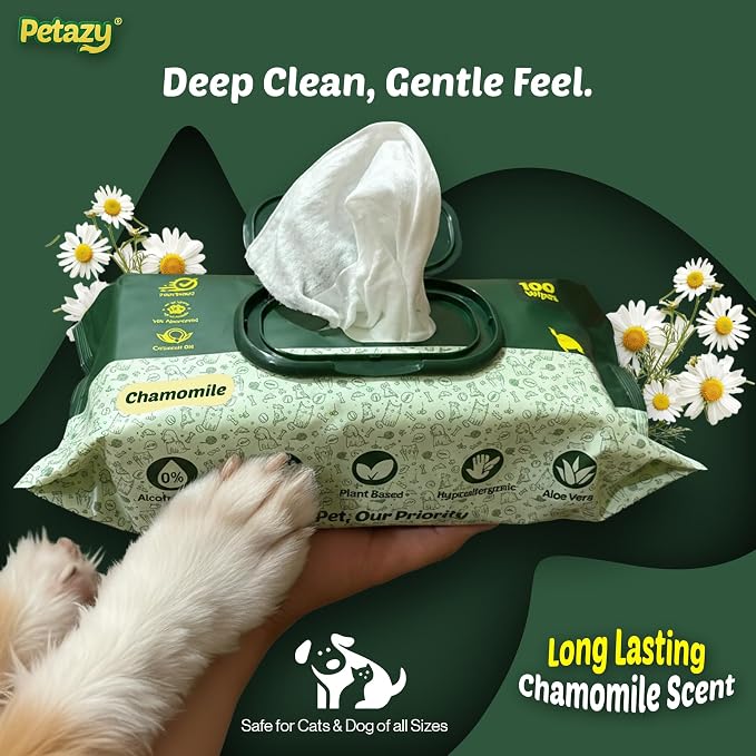Pet Wipes for Dogs and Cats – 200 Count (8x8in) Hypoallergenic, Deodorizing Dog Wipes for Paws, Ears and Butt | XL with Aloe & Coconut Oil, Chamomile Scented | Travel Size, 2 On-the-Go Packs