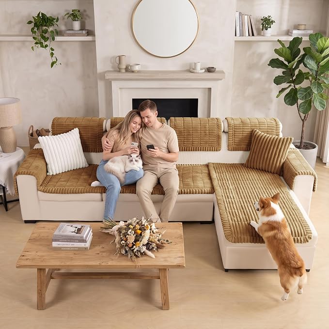 FUANGUI 2 Pack Waterproof Couch Cover for Dogs Pets Sofa Protector | Non-Slip Washable Fuzzy Soft Sofa Slipcover for 2 PCS L Shaped Sofa Pet Friendly, 27.6" x 70.9"+27.6" x 82.7", Camel