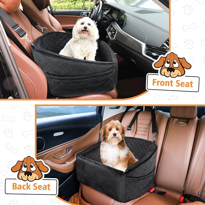 NEEZUKAR Dog Car Seat for Small Medium Dogs,Detachable Washable Dog Booster Seat Under 30lbs, Pet Car Seat Travel Bed with Storage Pockets and Dog Safety Belt (Black)