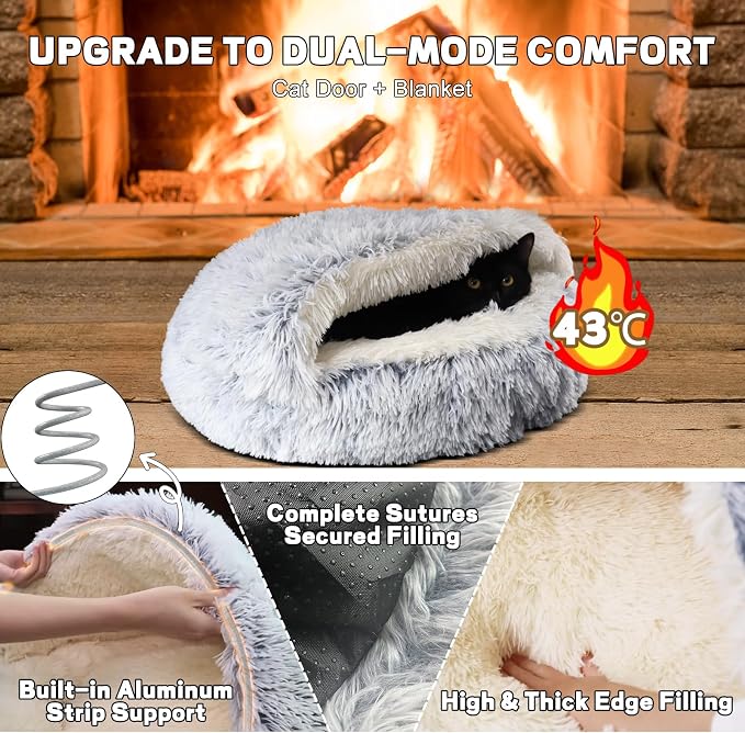 Calming Dog Bed Fluffy Plush Pet Bed Under 20 Pound，Large Cave Bed Washable Non-Slip Cat Nest Pod Windproof，Cozy Indoor Cave for Kitten Dog Non-Slip Bottom (M-25.6in)