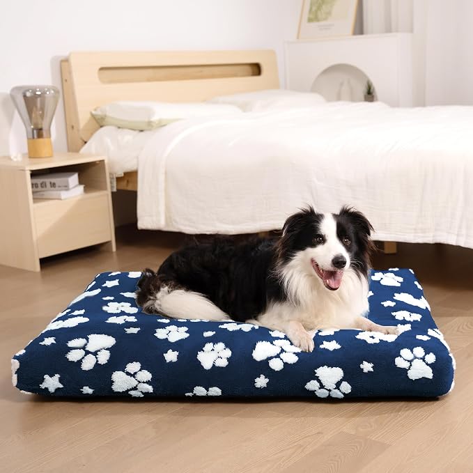 Cute Fluffy Dog Beds for Large Dogs, 35"x 22", Navy Paw | Thick Dog Bed for Crate Kennel, Pet Bed with Removable Washable Cover, Anti-Slip Bottom