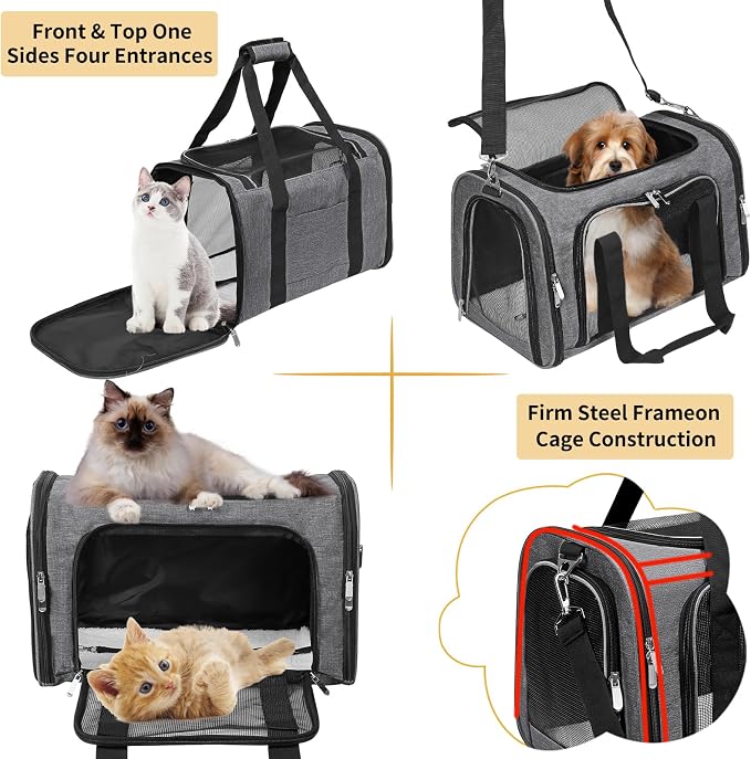 Soft-Sided Cat/Dog/Pet Carrier, Collapsible Pets Travel Carriers for Big Cats/Small Dogs with Shoulder Strap & Removable Mat, Mesh Puppy Carry Bag, Up to 16 Lbs, TSA Airline Approved(Dark Grey)