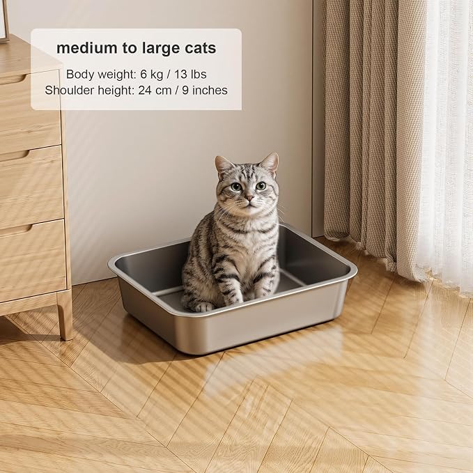 Large High Sided Stainless Steel Cat Litter Box | Sturdy Metal, Odor-free, Cat Litter Non-stick and Easy to Clean, Ideal for Indoor Cats, Kittens and Multicat Houses