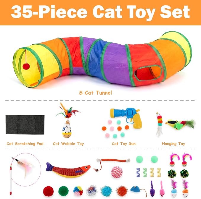 35 Pcs Interactive Cat Toys for Indoor Cats, S-Shaped Kitten Play Tube Toy | Collapsible & Space-Saving Cat Tunnel, Cat Wobble Toy, Cat Scratching Pad, Boosts Mental & Physical Health, Gift Box for Cat