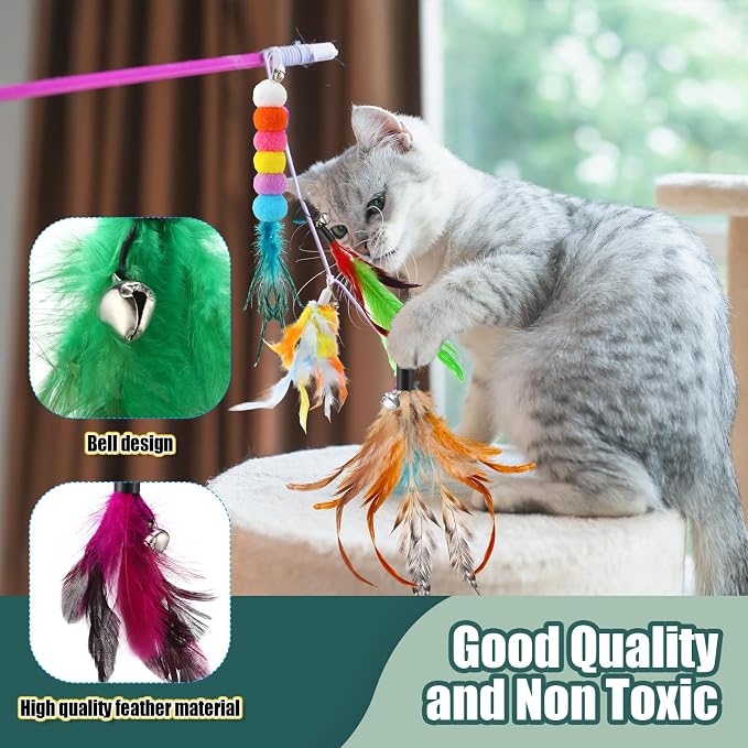 50 Pcs Cat Feather Toys Refill Cat Wand Replacement Feathers with Bells Interactive Pet Wand Attachment Toys
