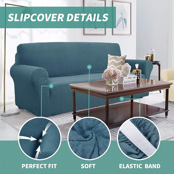 YEMYHOM Couch Cover Latest Jacquard Design High Stretch Sofa Covers for 2 Cushion Couch, Pet Dog Cat Proof Loveseat Slipcover Non Slip Magic Elastic Furniture Protector (Medium, Teal)