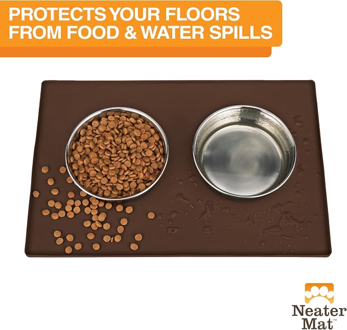 Neater Pet Brands Neater Mat Pet Mats for Food and Water, Cat & Dog Bowl Mat Waterproof Silicone, Feeding Tray, Dog Food Mats for Floors, Placemat w/Raised Edge for Under Bowls, 32" x 24", Brown