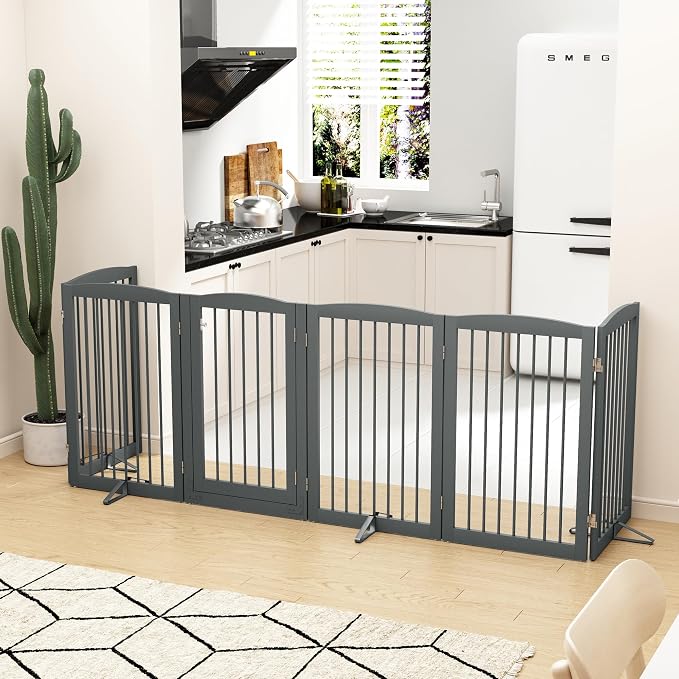 PUPETPO Freestanding Pet Gate with Door, Tall Dog Gate for House, Dog Gates for the House Extra Wide, Pet Puppy Safety Fence, Support Feet Included, 120 Inch Wide, 6 Panels 32" Tall, Gray