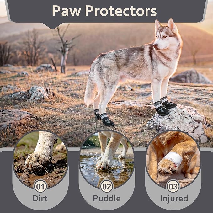 PAWsay Dog Boots Water-Resistant Non Slip Doggy Shoes | Non Slip Puppy Boots with Reflective Straps Prevent Injury Scratching Comfy Boots with Soft Thin Lining Lighten Friction