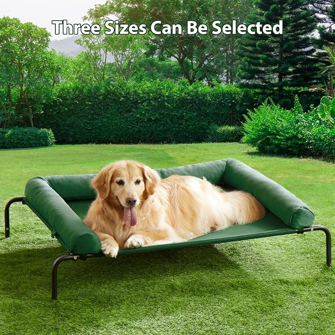 Cooling Elevated Dog Bed for Large Dogs – Waterproof Raised Dog Cot with Slope Headrest, Breathable Teslin Mesh, Durable & Portable Pet Bed for Indoor and Outdoor Use, Green