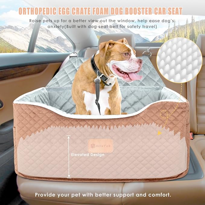 AlfaTok Dog Car Seat, Memory Foam Booster for Medium Dogs up to 45 lbs, Detachable Washable Elevated Travel Bed with Anti-Slip Base and Safety Belt
