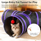 Tempcore Cat Tunnel for Indoor Cats, 3 Way Collapsible Pet Play Tunnel with Teaser Wand, Peek Holes & Hanging Ball, Interactive Tube for Kittens & Rabbits, Black & Purple