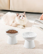 vancasso Extra Wide Elevated Cat Bowls 2-Pack, Shallow Ceramic Raised Cat Food and Water Bowls with 5.1" Height & 6.2" Wide - Anti Vomiting, Whisker Friendly for Senior Cats, and Small Dogs (White)
