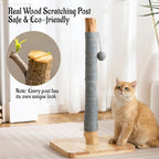 29" Tall Solid Wood Cat Scratching Post for Indoor Cats, Extra Stable Heavy Base, Natural Sisal Scratcher with Hanging Ball, Furniture Protector for Kittens & Adult Cats, Grey