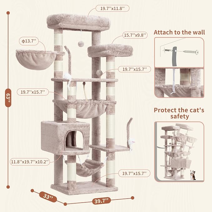 Gitelsnour Cat Tree, 63'' Cat Tower for Large Cats, Big Hammock GCT020MU | Cat Condo, Cat Scratching Posts for Indoor Adult Cats, 4 Platforms（ 2 Big 2 Small）, 2 Baskets, Sisal Rope, 4 Toys, Mushroom