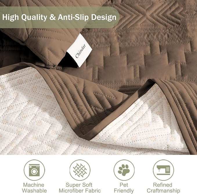 Boho Quilted Sofa Slipcovers with Pockets, Anti-Slip Aztec Couch Covers for 3 Cushion Sofa, Couch Cover for Dogs Cats Water-Repellent Machine Washable (Large Sofa 68", Raw Umber)