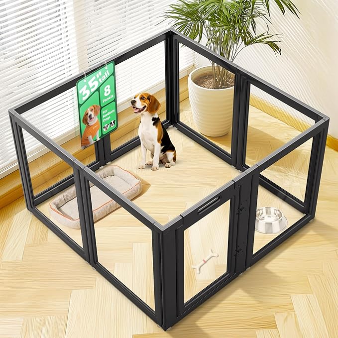 FXW AuraSpace Clear Acrylic Indoor Dog Playpen, 35" H, 8 Panels, Black | Open View, Modern Home Fit, No Climbing Bars, Tool-Free Setup, For Medium Dogs
