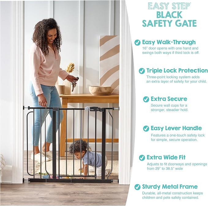 Regalo Safety 29"-38.5" Easy Step Baby Gate, Bottom of Stairs & Doorways | Pressure Mounted with Door, For Babies, Toddlers & Pets, Black, Tested & Trusted for 30 Years
