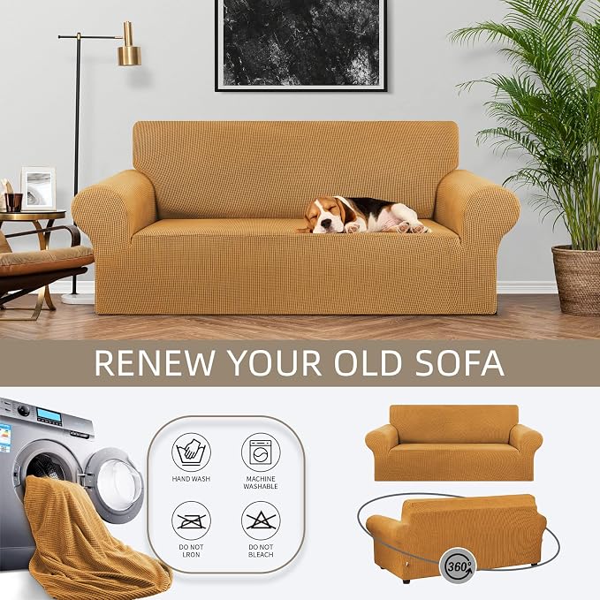 Stretch Loveseat Couch Cover, 2 Cushion Couch Slipcover,Golden | 1-Piece Washable Sofa Cover Pet Friendly (55"-78") Furniture Protector Soft Jacquard, Elastic Bottom for Dogs & Kids