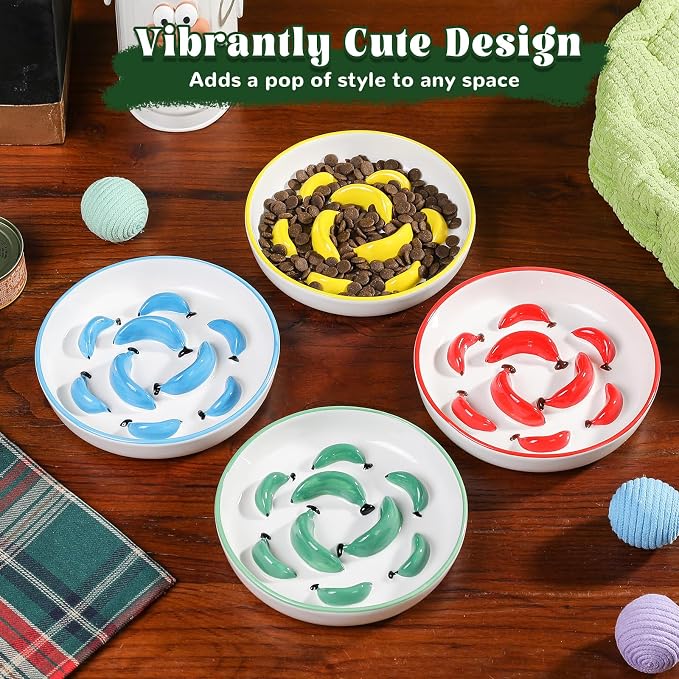 Ceramic Slow Feeder Cat Bowl, 6.3'' Wide Whisker Friendly Cat Puzzle Feeder | Slow Eating 5x, Anti Vomit Shallow Slow Eating Cat Dish for Dry and Wet Food, Contrasting Colors, 6.3" X 1.2"