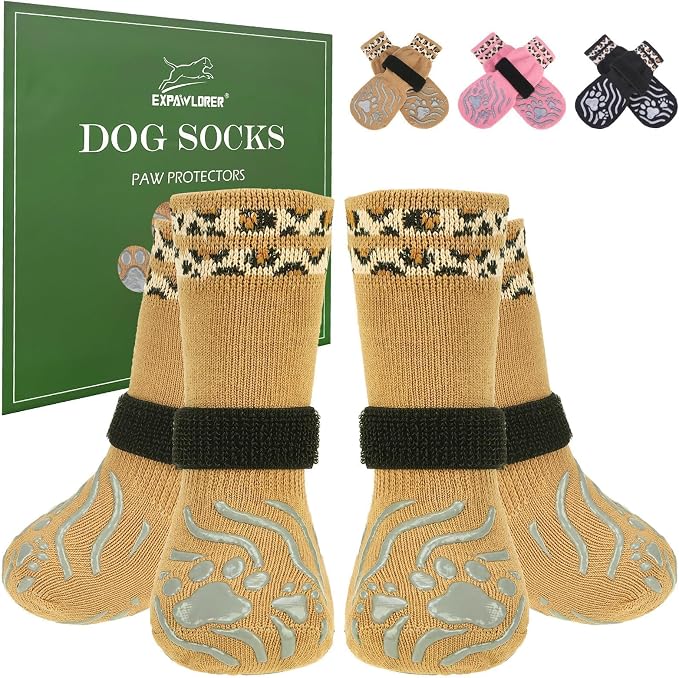 EXPAWLORER Dog Socks for Summer Hot Pavement to Prevent Licking Paws, Anti Slip Doggie Grippy Booties Shoes for Hardwood Floors, Boots & Paw Protectors for Small Medium Large Senior Dogs Khaki XL