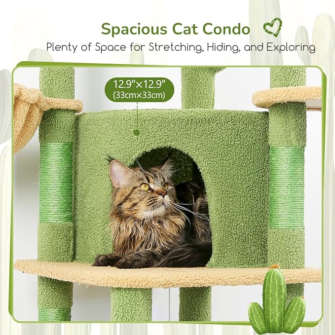 Globlazer Cactus Corner Cat Tree Tower with Scratching Post for Indoor Cats, 51in Multi-Level Cat Condo Tower with Large Hammock, Fan-Shaped Padded Perch, Spacious Cat Cave, Hanging Basket, C51, Green