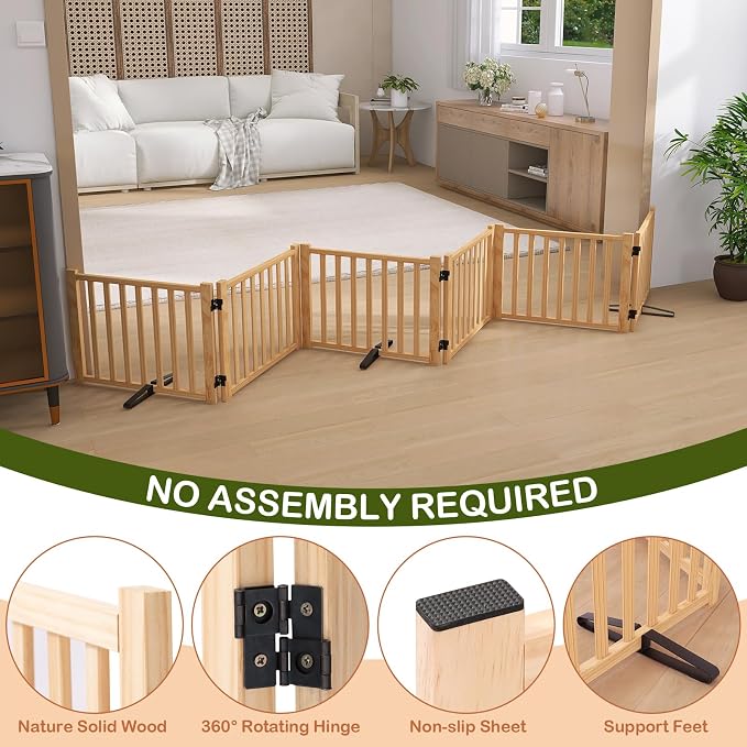 Wooden Freestanding Pet Gate Indoor - 16.9" Height 6 Panels | Foldable Portable Dog Gates, No-Painted Puppy Fence for Doorways Stairs Hallways