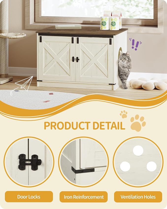 Hzuaneri Cat Litter Box Enclosure, Hidden Litter Box Furniture with Divider | Wooden Cat Cabinet with Removable Dividers, Reversible Entrance Left or Right Side, Cat Washroom, Rustic White Brown CB84614X