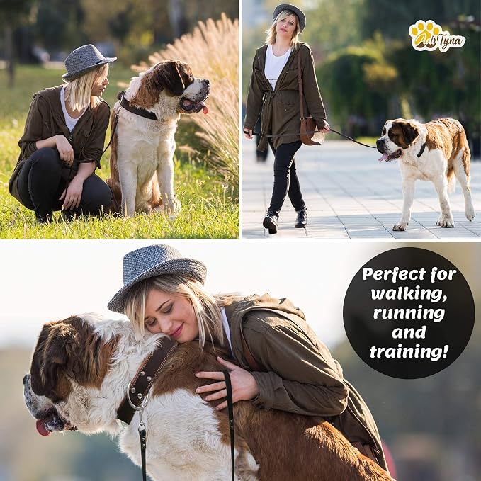 ADITYNA Black Leather Dog Leash for Large & Extra-Large Dogs, 6ft x 1" | Soft yet strong leather leash for walking, training, hiking — great for Great Dane, Rottweiler, Cane Corso, Mastiff.