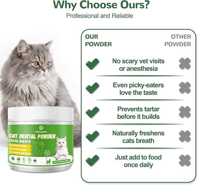 Cat Dental Care Powder, Cat Teeth Cleaning with Natural Ingredients and Probiotics, Dental Powder for Cats Breath Fresh Tartar Remover Plaque Off, 160g