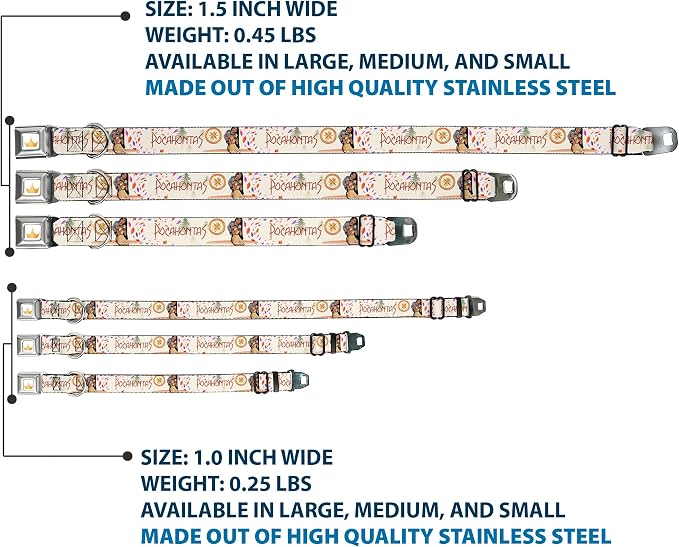 Dog Collar Seatbelt Buckle Pocahontas and Meeko Compass Pose with Script and Leaves Beige 15 to 24 Inches 1.0 Inch Wide | Pocahontas and Meeko Compass with Script and Leaves Beige Durable Metal Adjustable ID Tag Ring