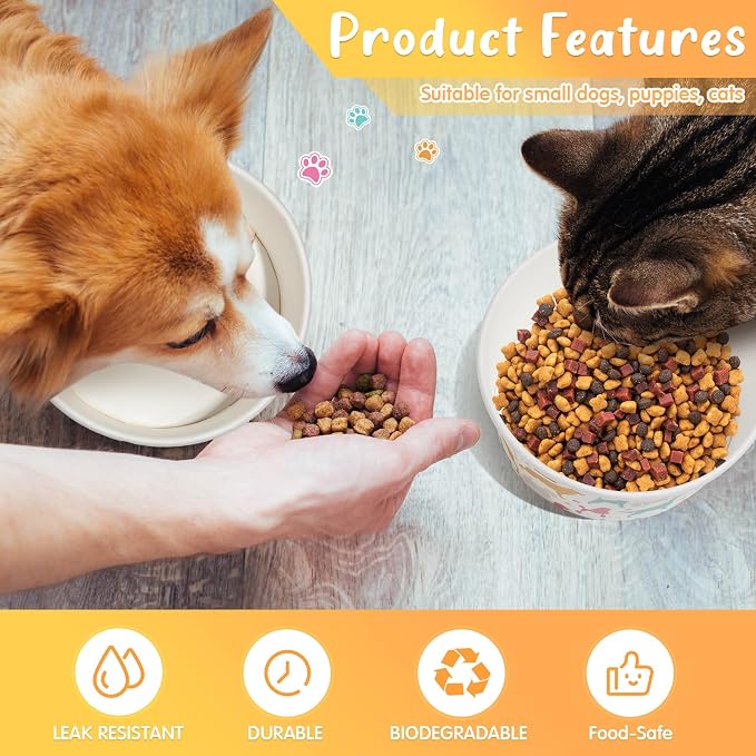 100 Pcs Disposable Dog Bowls 1.5 Cups Pets Disposable Feeding Bowls for Dogs and Cats Pets Paper Travel Cups for Small Medium Dogs Cats Puppy Kitten Dry or Wet Serving Food Water (Classic)
