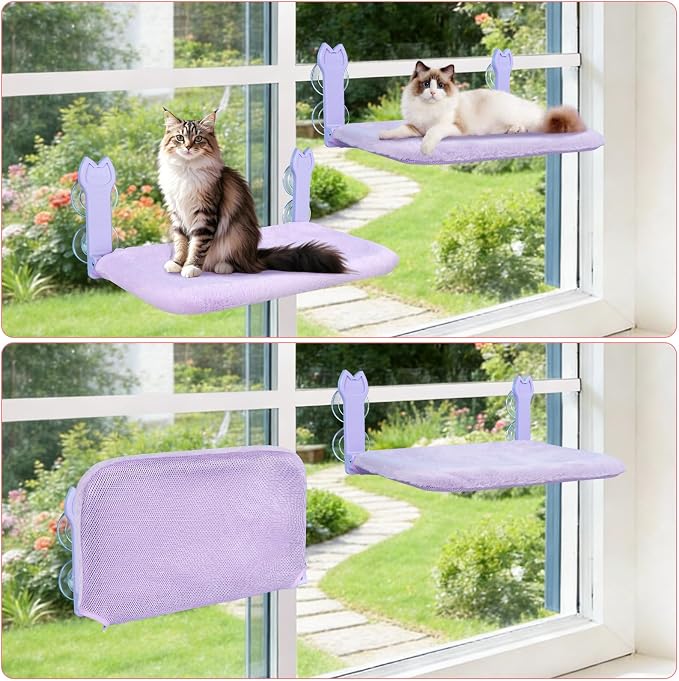 2 Pack Cat Window Perch,Cat Window Hammock Cordless Foldable Window Bed with 4 Large Strong Suction Cup,Reversible Cushion Cover,Metal Frame Easy to Adjust Window Seat Holds up to 40lbs(Purple)