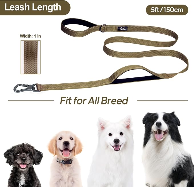 Twoear 6FT 1IN Heavy Duty Dog Leash for Large Dogs with 2 Padded Handles | Traffic Handle Extra Control, Auto Lock Hook, Strong Reflective Walking Leash for Night Safety, Medium and Large Breeds,Brown