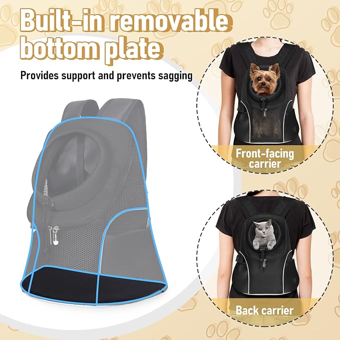 WOYYHO Pet Dog Carrier Backpack, Ventilated Mesh Small Dog Front Backpack | Breathable Puppy Back Pack, with Safety Belt, Storage Pockets, for Travel Hiking Cycling Outdoor Adventures, Black, S