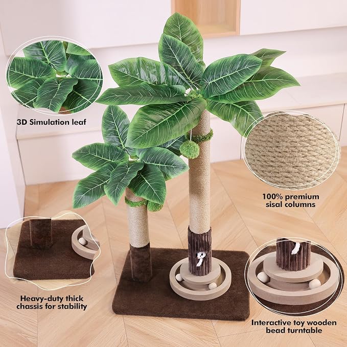 Woochpet Palm Tree Cat Scratching Post Dual Height Brown | Natural Sisal Wrapped Poles, Hanging Plush Balls, Bottom Roller Ball Track, Hidden Peek Hole