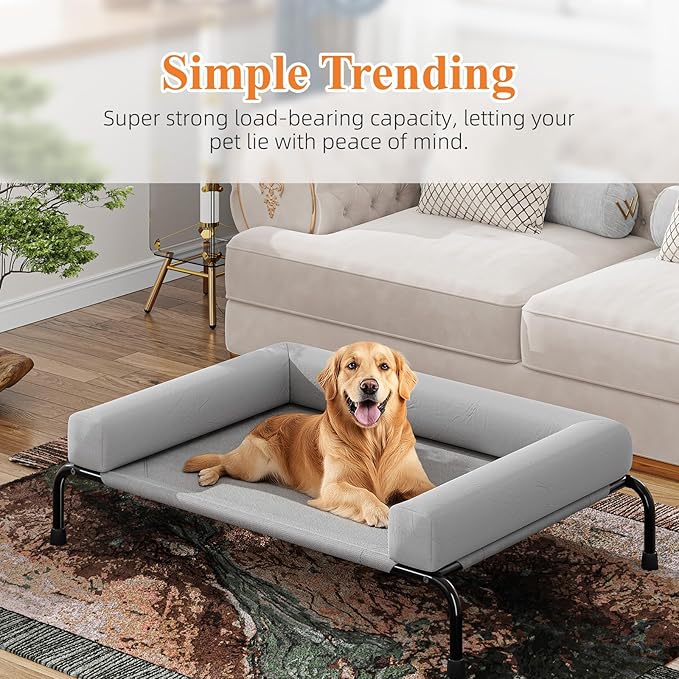 Simple Trending Elevated Dog Bed for Large Dogs, Cooling Raised Dog Cot with Bolsters, Breathable Pet Bed for Outdoor, 47.75" x 31", Grey